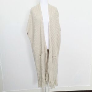 Easel Knit Fringe Beige Long Line Kimono Sleeveless open Cardigan Women Size M/L